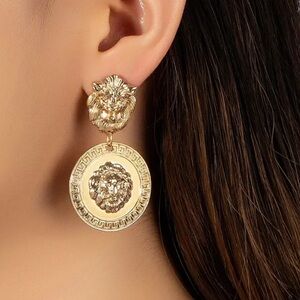 Gold Lion Head Drop Earrings
